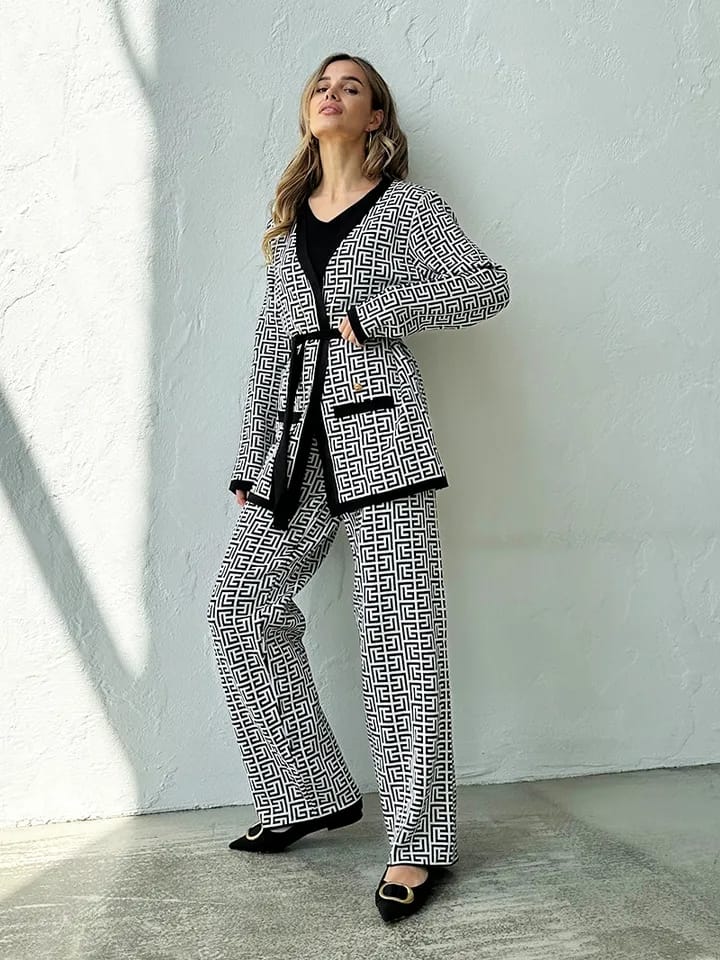 Ensemble 3 pièces chic en laine à motif labyrinthe