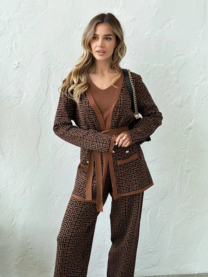 Ensemble 3 pièces chic en laine à motif labyrinthe