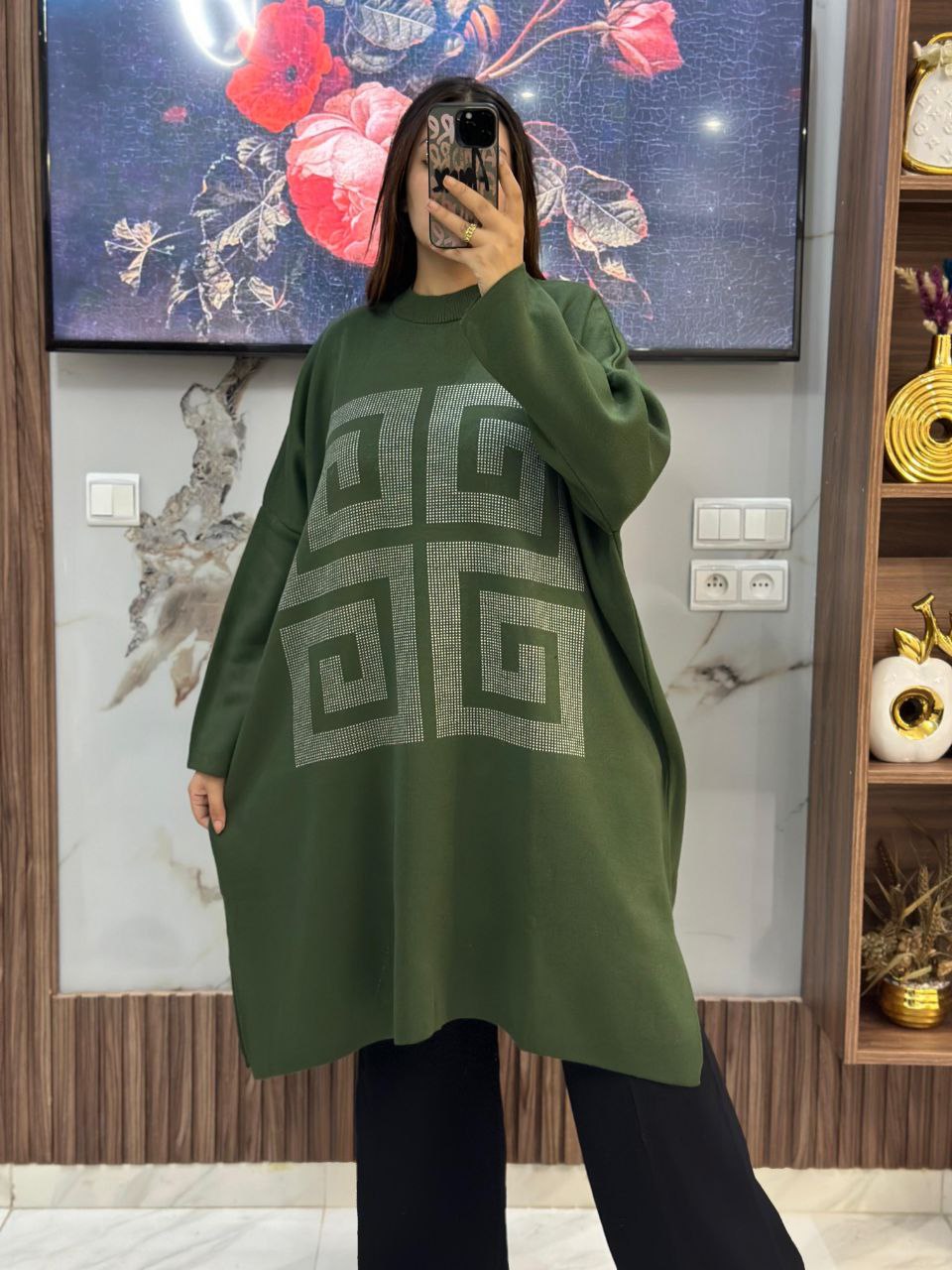 Pull long en laine à motifs