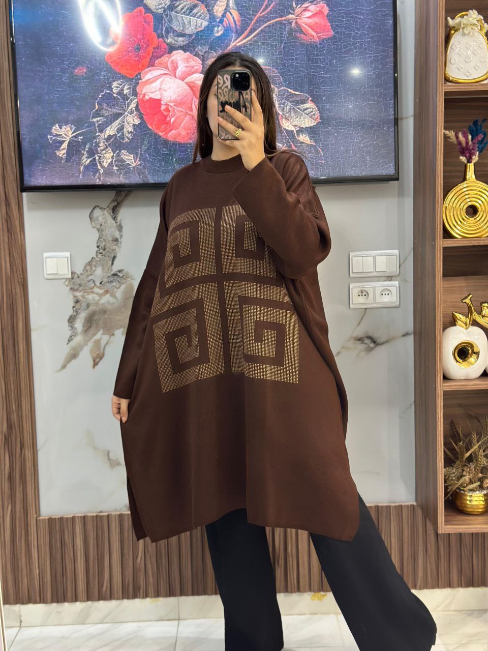 Pull long en laine à motifs